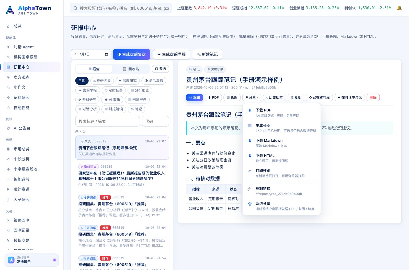 研报中心:分享菜单(PDF / 长图 / Markdown / 链接)